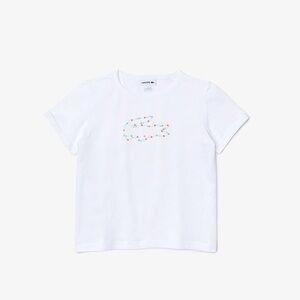 LACOSTE Unisex Kids Embellished Crocodile Logo Cotton Tee in White Size 8 NWT